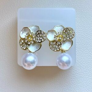 Gold Floral Pearl Drop Earrings - White Pearls